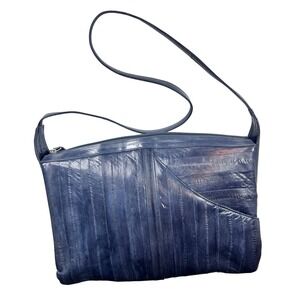 Vintage Lee Sands Eel Skin Leather Shoulder Bag Navy Blue 90s